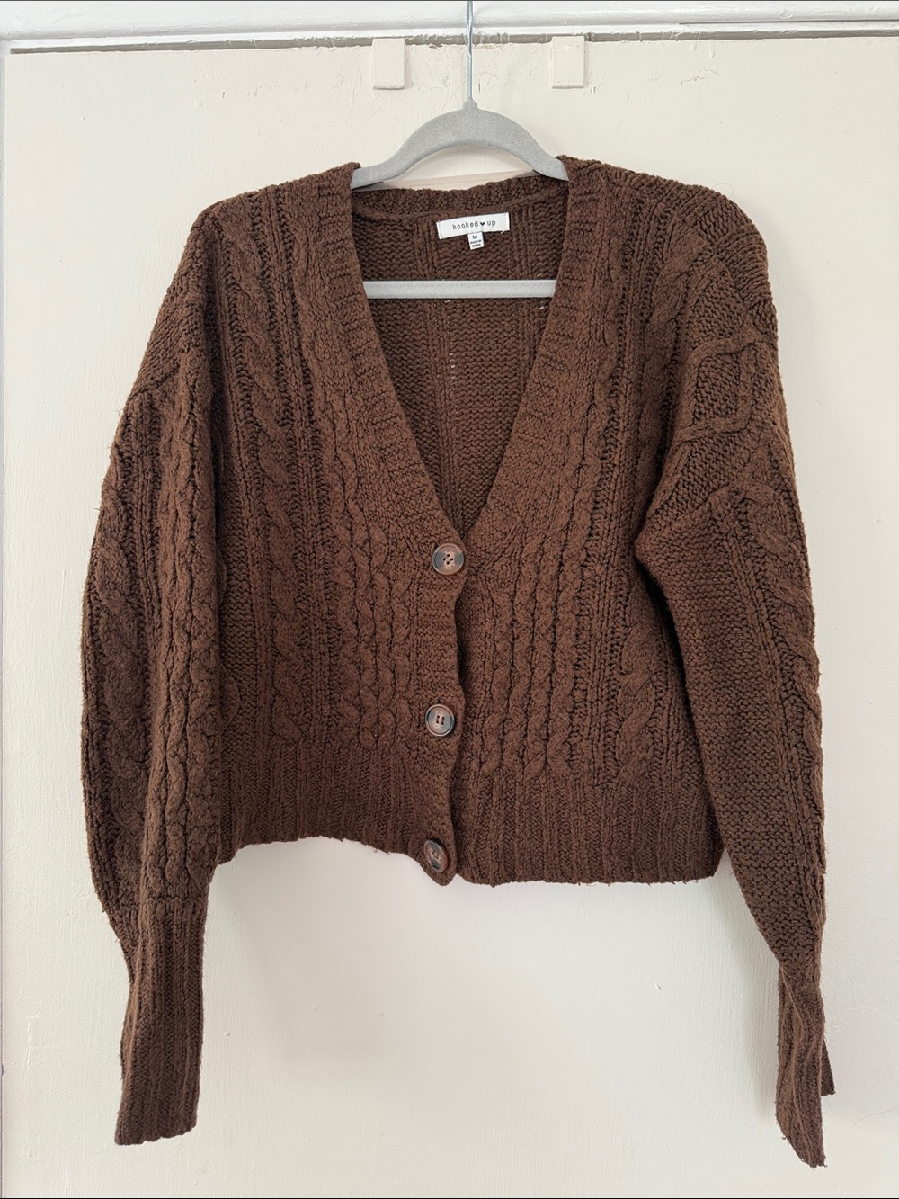 Macy's Brown Cable Knit V-Neck Button-Front Cardigan